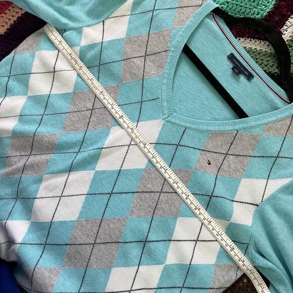 Y2K Tommy Hilfiger Sweater Womens L Prep Academia V-neck Argyle Cotton Knit - Picture 5 of 6